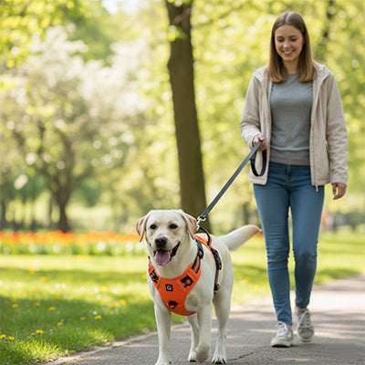 deux amis en promenade securitaire avec harnais chien